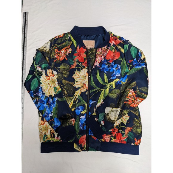 Gibson Latimer Jackets & Blazers - Gibson & Latimer Womens Floral Bomber Jacket Navy Blue Zip Up Medium LA3581SYP